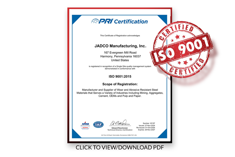 JADCO ISO 9001:2015 certificate from PRI Registrar, re-issued October 2026